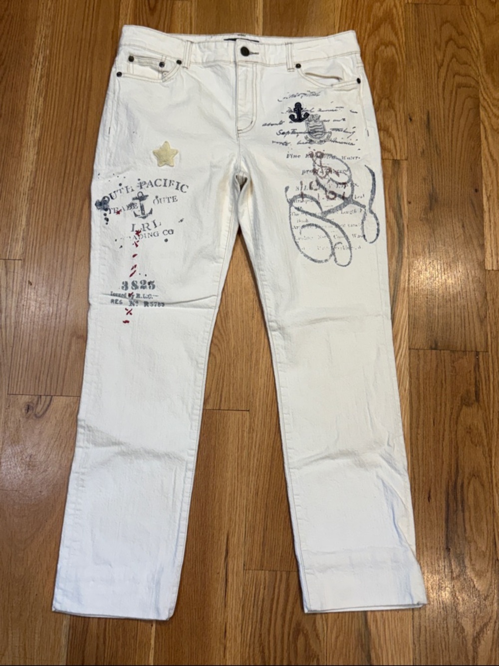 LRL By Ralph Lauren Natural Jeans With Nautical Embroidered Print Size 10